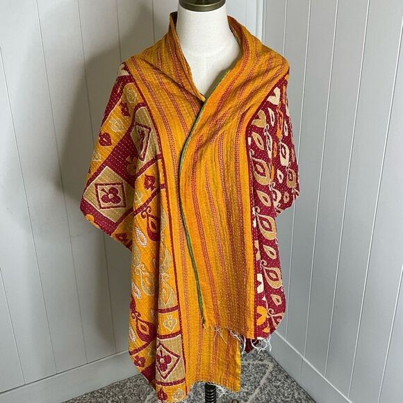 Handmade Reversible Scarf Made From Recycled Saris Red Orange Tan Mixed Media - Picture 5 of 6